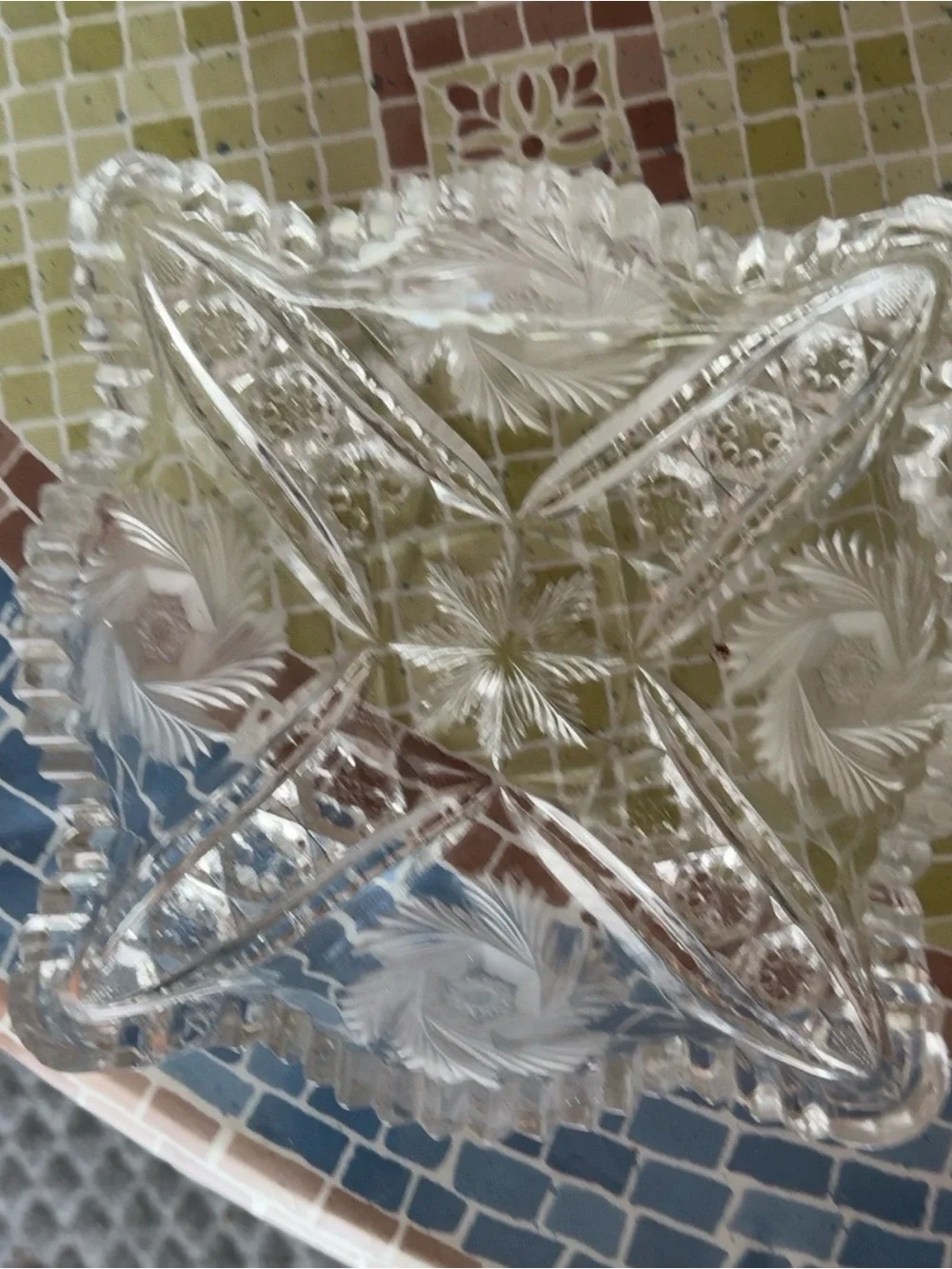 Vintage Square Cut Crystal Bowl Frosted Floral Starburst Sawtooth Rim